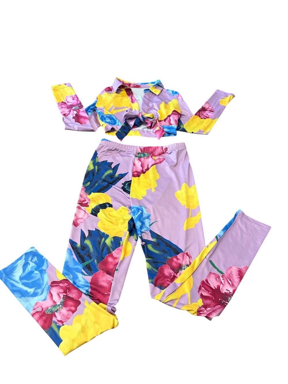 Floral Tie-Front Crop Top and High-Waist Legging Set - Lavender Multi